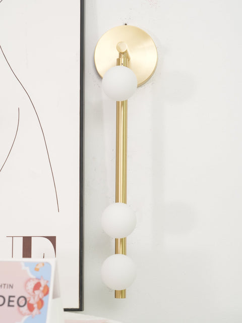 Wall Sconce with Glass Globes and Vertical Brass Tube Frame