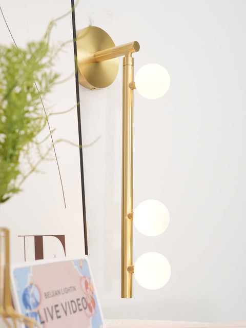 Wall Sconce with Glass Globes and Vertical Brass Tube Frame