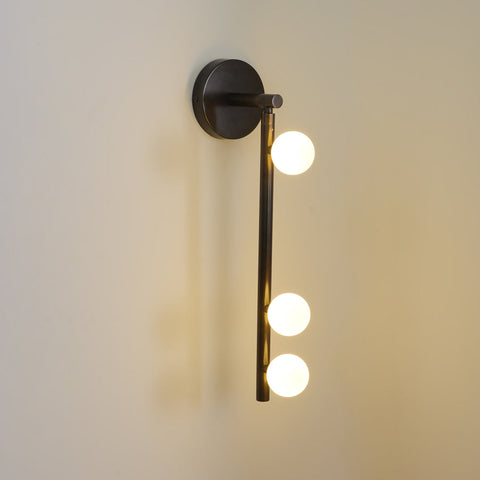 Wall Sconce with Glass Globes and Vertical Brass Tube Frame