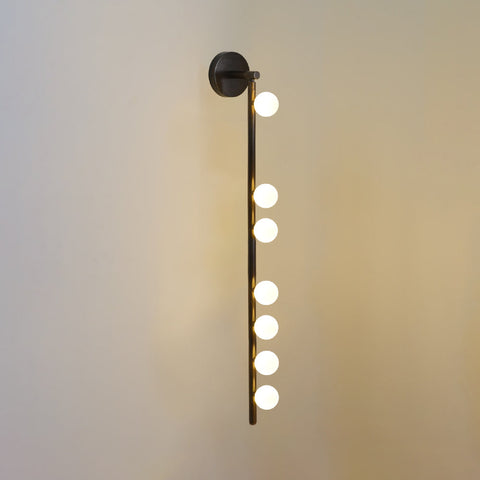Wall Sconce with Glass Globes and Vertical Brass Tube Frame