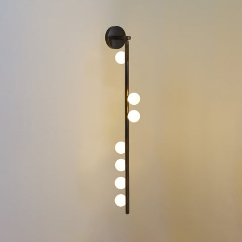 Wall Sconce with Glass Globes and Vertical Brass Tube Frame
