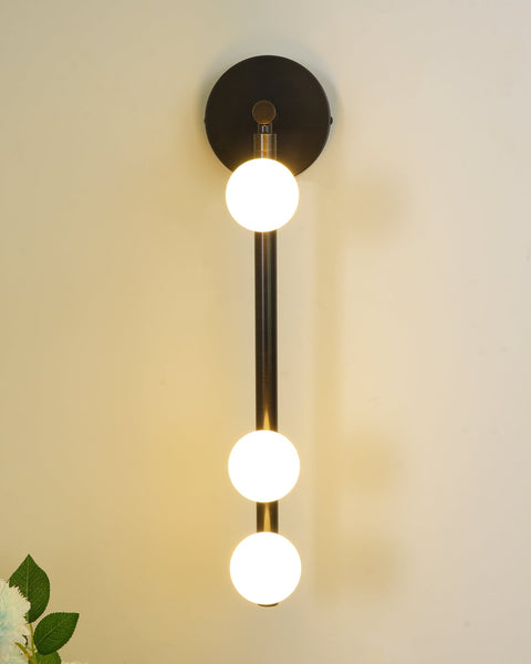 Wall Sconce with Glass Globes and Vertical Brass Tube Frame