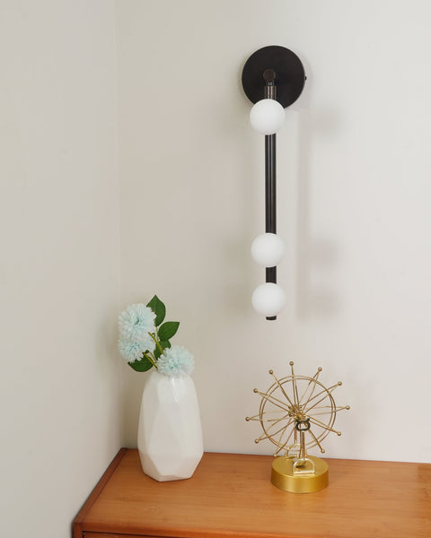 Wall Sconce with Glass Globes and Vertical Brass Tube Frame