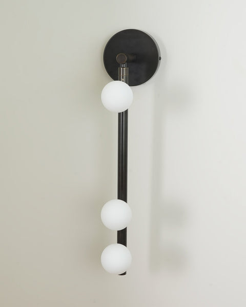 Wall Sconce with Glass Globes and Vertical Brass Tube Frame