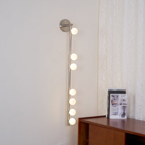 Wall Sconce with Glass Globes and Vertical Brass Tube Frame