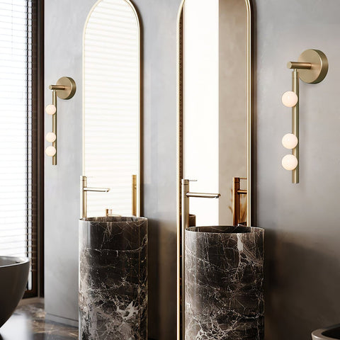 Wall Sconce with Glass Globes and Vertical Brass Tube Frame