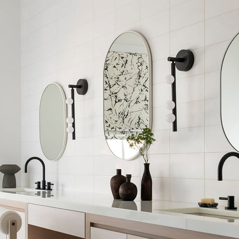 Wall Sconce with Glass Globes and Vertical Brass Tube Frame