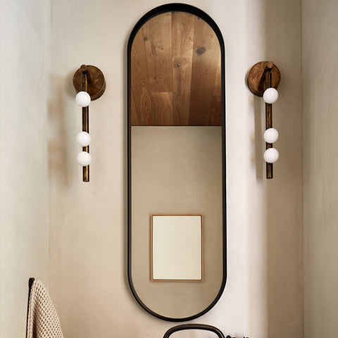 Wall Sconce with Glass Globes and Vertical Brass Tube Frame