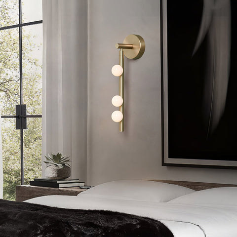 Wall Sconce with Glass Globes and Vertical Brass Tube Frame