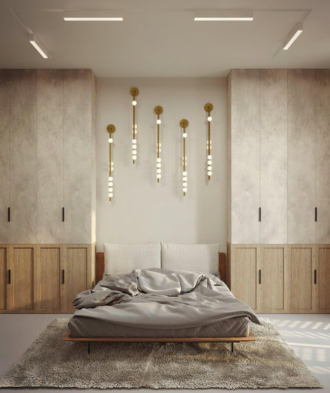 Wall Sconce with Glass Globes and Vertical Brass Tube Frame