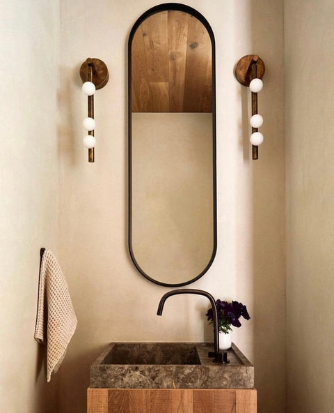Wall Sconce with Glass Globes and Vertical Brass Tube Frame