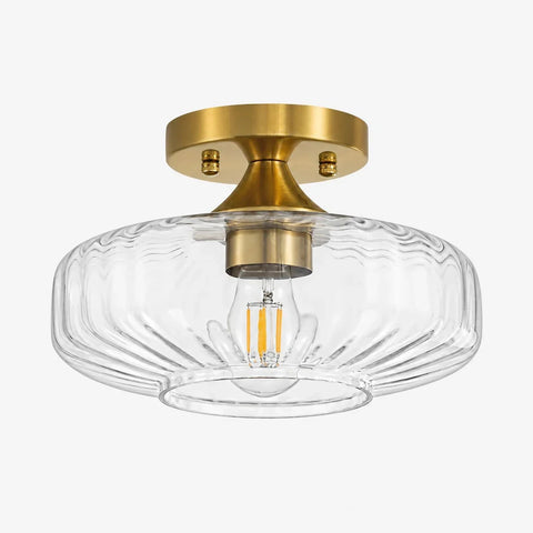 Brass Ribbed Glass Semi-Flush Ceiling Light
