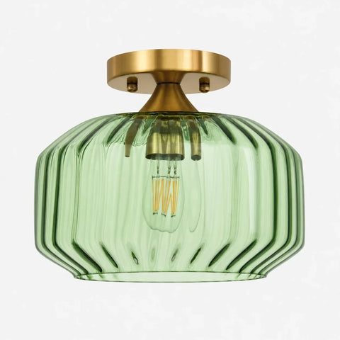 Brass Ribbed Glass Semi-Flush Ceiling Light