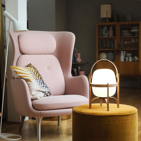 Lantern Table Lamp with Wooden Cage and Glass Shade