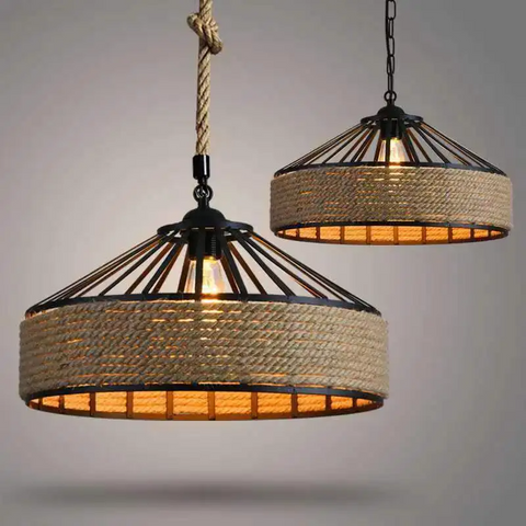 Pendant Light with Hemp Rope and Iron Shade
