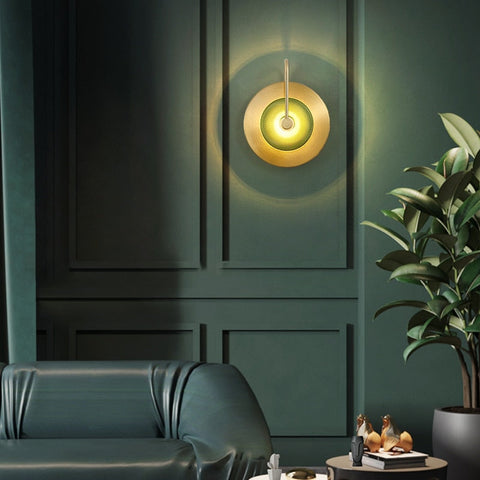 LED Wall Light with Engraved Glass Disc and Decorative Metal Frame