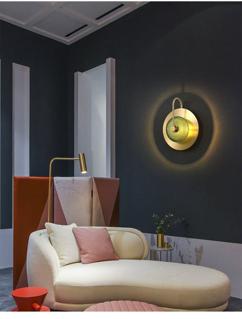 LED Wall Light with Engraved Glass Disc and Decorative Metal Frame