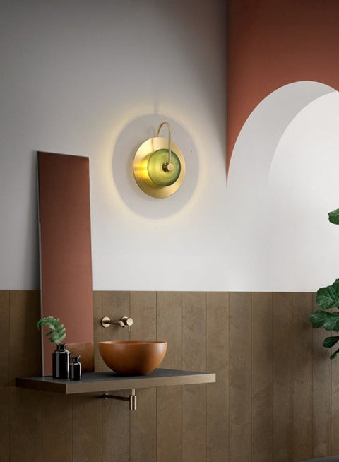 LED Wall Light with Engraved Glass Disc and Decorative Metal Frame