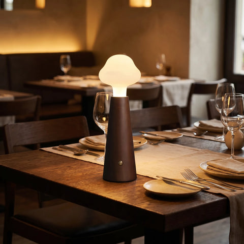 LED Table Lamp with Cloud Shade and Tapered Wood Base