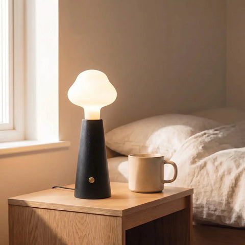 LED Table Lamp with Cloud Shade and Tapered Wood Base