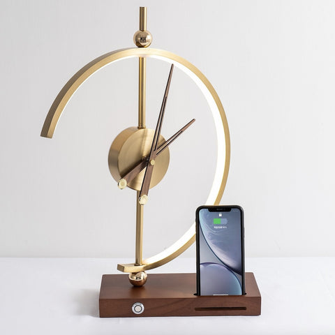 Modern LED Table Lamp with Decorative Clock, Wireless Phone Charging and Wooden Base