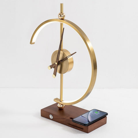 Modern LED Table Lamp with Decorative Clock, Wireless Phone Charging and Wooden Base