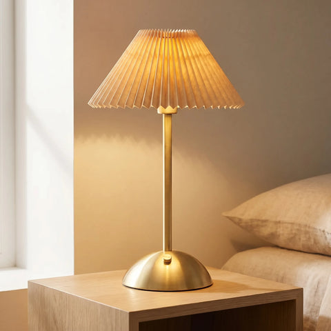 Cordless Table Lamp with Pleated Fabric Shade and Touch Dimming
