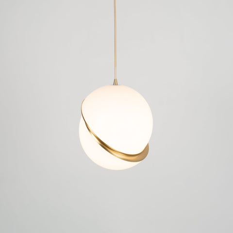 Pendant Light with Acrylic Globe and Curved Brass Crescent Detail