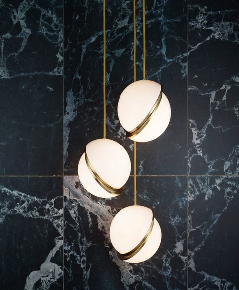 Pendant Light with Acrylic Globe and Curved Brass Crescent Detail