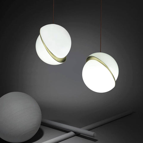 Pendant Light with Acrylic Globe and Curved Brass Crescent Detail
