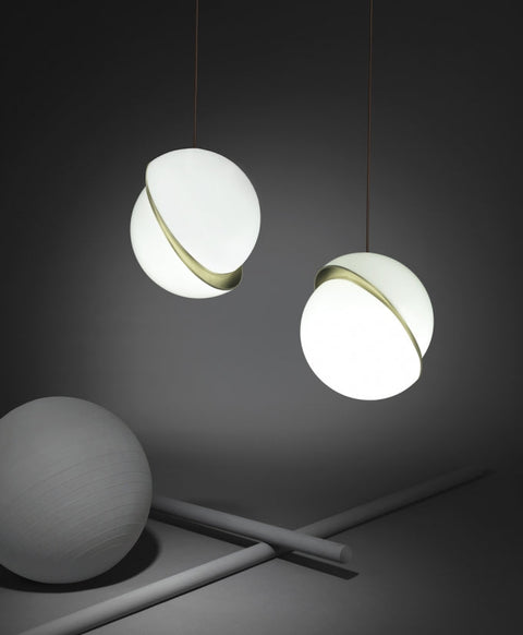 Pendant Light with Acrylic Globe and Curved Brass Crescent Detail