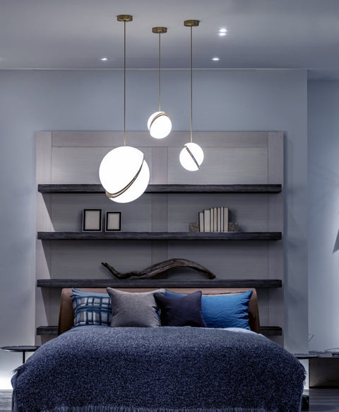 Pendant Light with Acrylic Globe and Curved Brass Crescent Detail