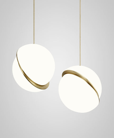 Pendant Light with Acrylic Globe and Curved Brass Crescent Detail