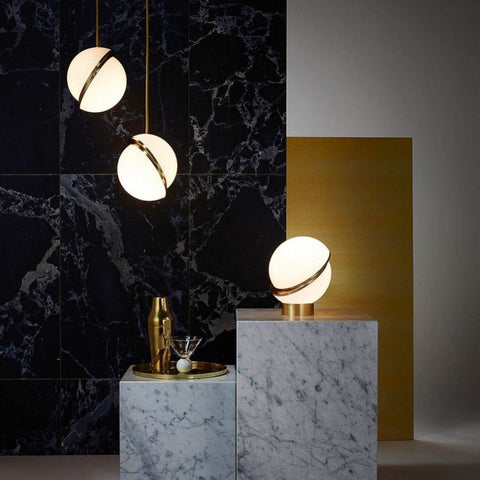Pendant Light with Acrylic Globe and Curved Brass Crescent Detail
