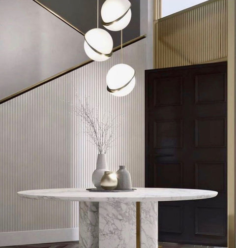 Pendant Light with Acrylic Globe and Curved Brass Crescent Detail