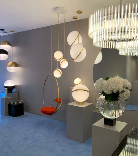 Pendant Light with Acrylic Globe and Curved Brass Crescent Detail