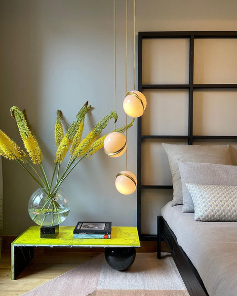 Pendant Light with Acrylic Globe and Curved Brass Crescent Detail