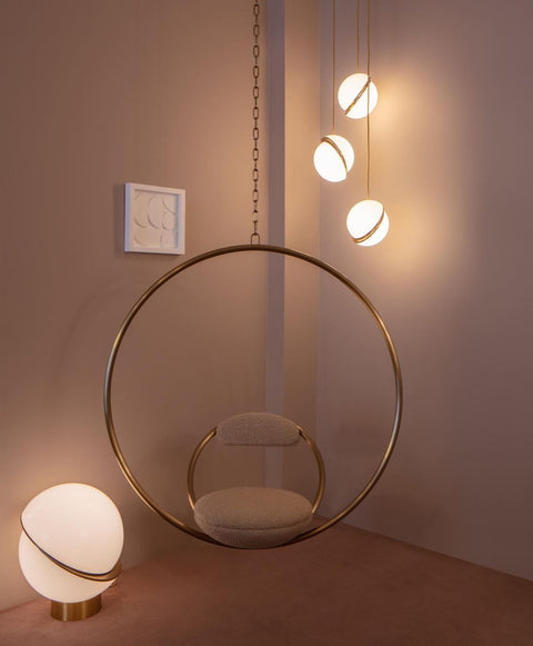 Pendant Light with Acrylic Globe and Curved Brass Crescent Detail