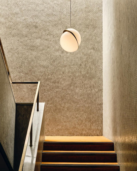 Pendant Light with Acrylic Globe and Curved Brass Crescent Detail