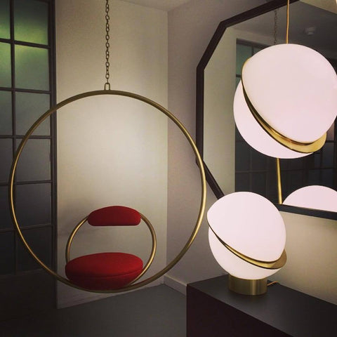 Pendant Light with Acrylic Globe and Curved Brass Crescent Detail