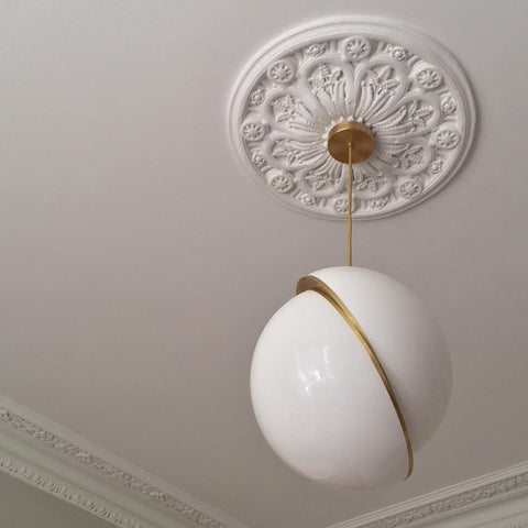 Pendant Light with Acrylic Globe and Curved Brass Crescent Detail
