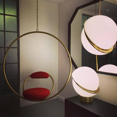 Pendant Light with Acrylic Globe and Curved Brass Crescent Detail