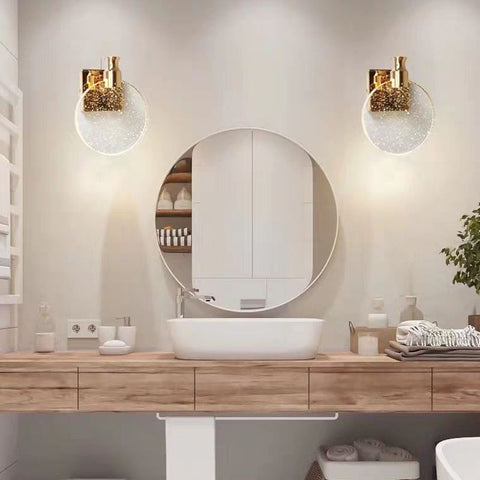 Round Glass Wall Sconce with Decorative Crystal Effect and Metallic Mount