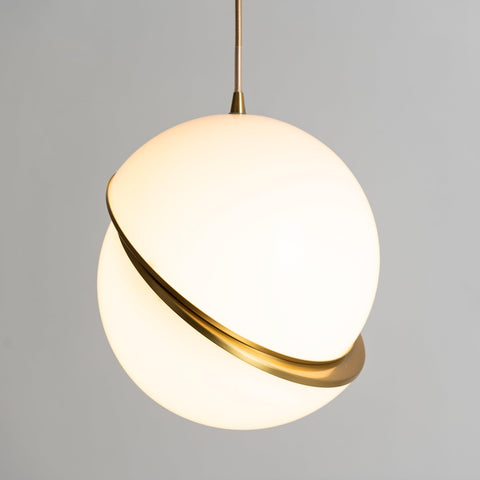 Pendant Light with Acrylic Globe and Curved Brass Crescent Detail