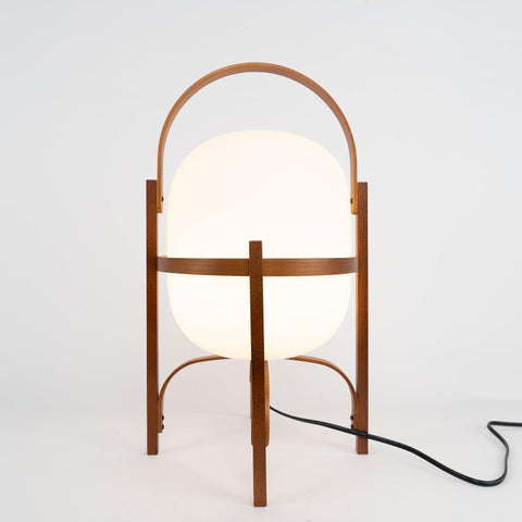 Lantern Table Lamp with Wooden Cage and Glass Shade