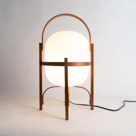 Lantern Table Lamp with Wooden Cage and Glass Shade