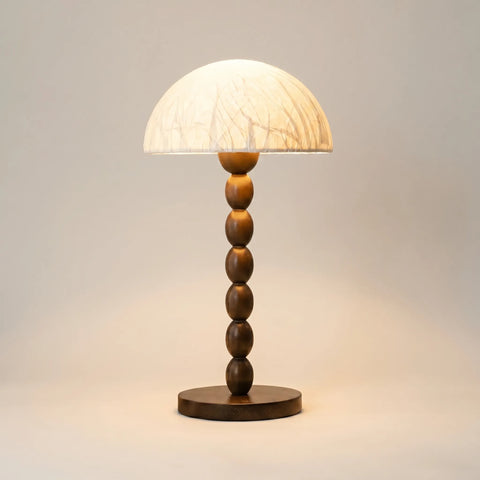 Table Lamp with Rice Paper Dome and Beaded Wood Stem