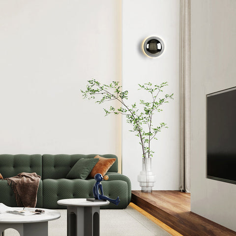 Round Glass and Iron LED Wall Lamp with Modern Design and Two Size Options