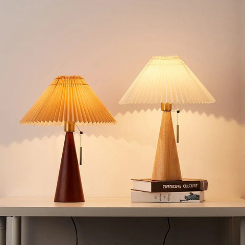 Table Lamp with Pleated Shade and Wood Base