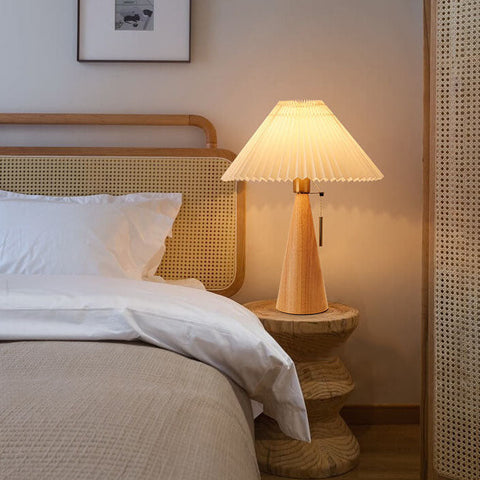 Table Lamp with Pleated Shade and Wood Base